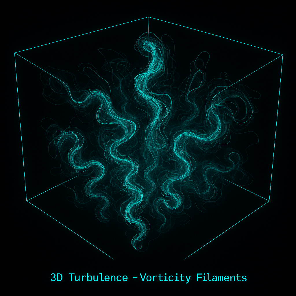 Vorticity filaments in 3D turbulence (illustrative render).