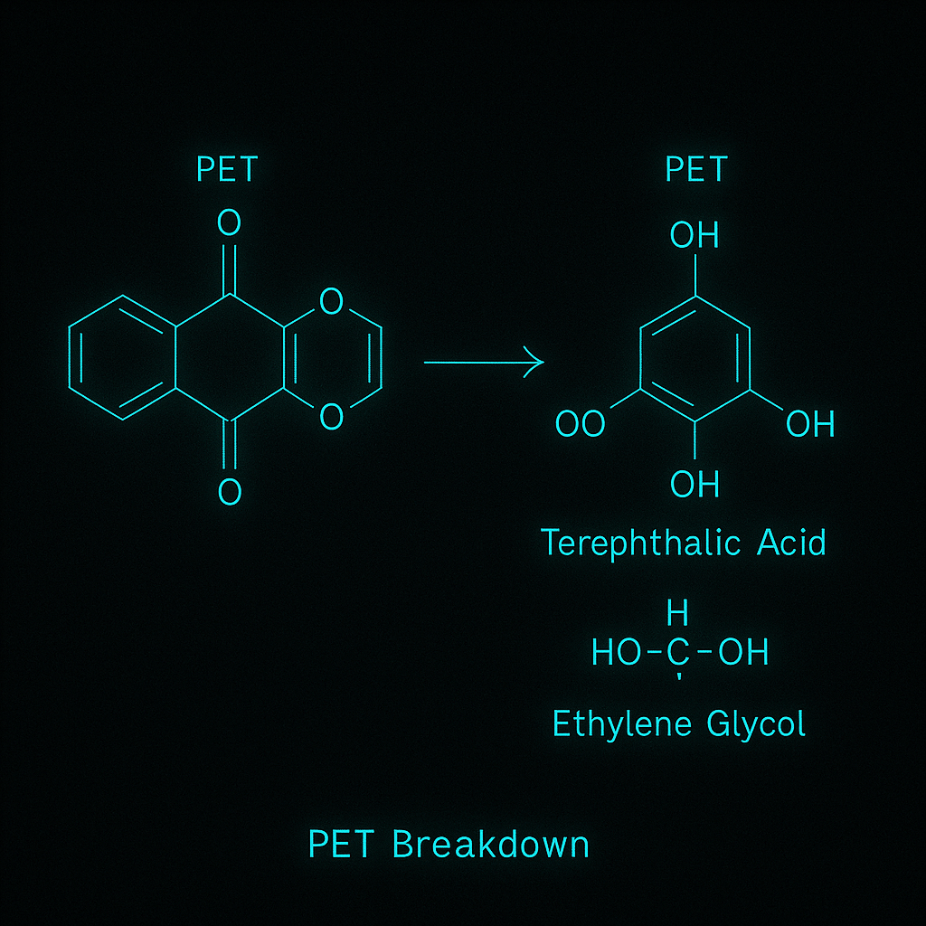 Schematic: PET film → TPA + EG under enzyme or light.